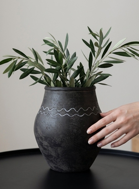高级感中式手工黑陶罐花瓶摆件
