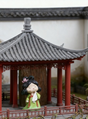 新中式民国风亭台楼阁少女摆件