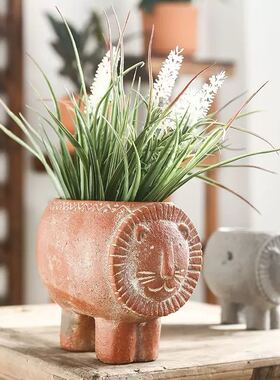 复古陶瓷狮子造型花盆摆件