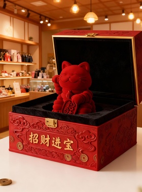 红色招财猫摆件招财进宝礼品盒装