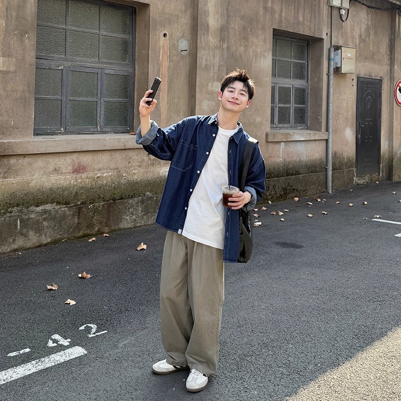 少年感深蓝色牛仔衬衫男长袖宽松复古日系慵懒松弛感穿搭衬衣外套 - 图2