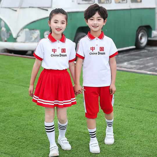 幼儿园园服夏装小学生班服夏季校服中国红一年级儿童演出运动套装