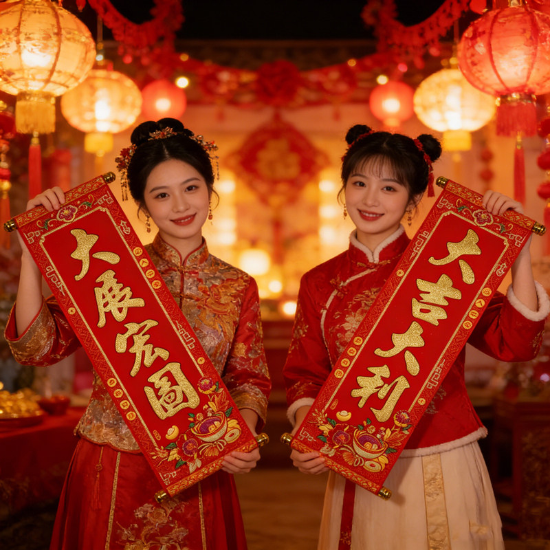 手持对联2026马年新款新年装饰挥春春节手拿四字春联挂轴舞台表演