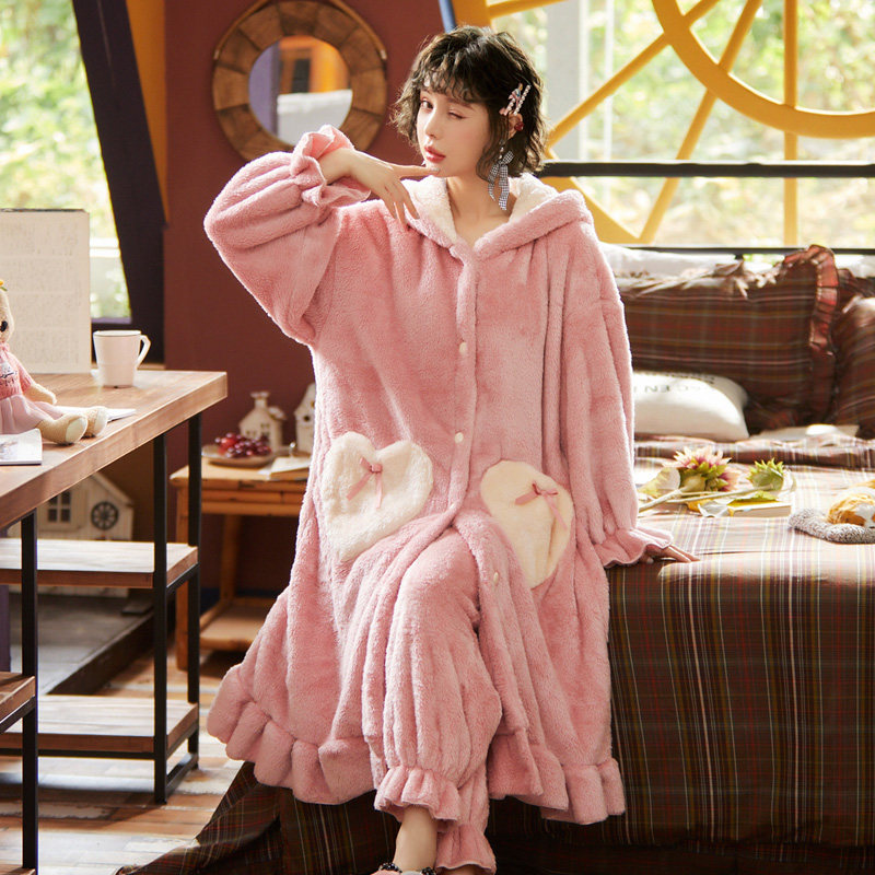 秋冬季长款加绒款可爱法兰绒睡衣 桃仙姬睡裙