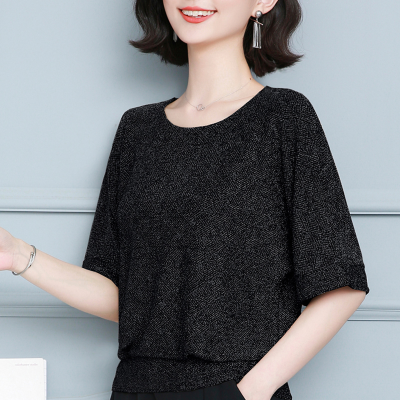 韩国红色蝙蝠袖T恤女短袖夏季2024新款洋气优雅亮丝宽松网纱上衣