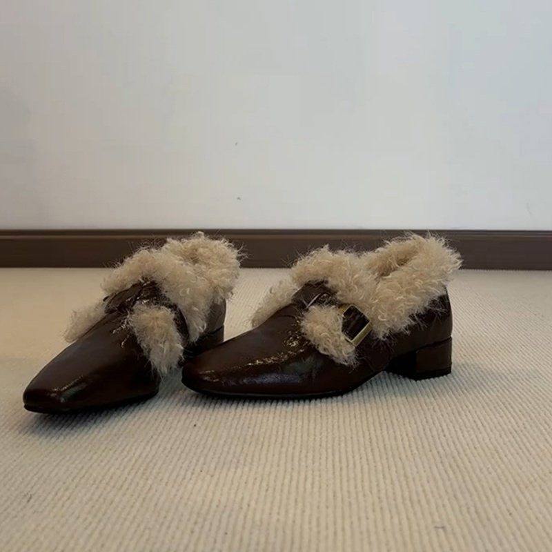 软皮版法式加绒保暖毛毛单鞋女2025一脚蹬棉鞋方头粗跟通勤小皮鞋,淘宝优惠券,粉丝福利购,淘宝优惠卷