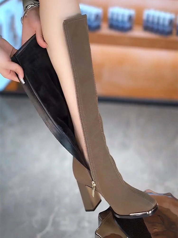 品牌鞋不过膝长靴女高跟粗跟时装靴2025冬季新款方头侧拉链高筒靴,淘宝优惠券,粉丝福利购,淘宝优惠卷