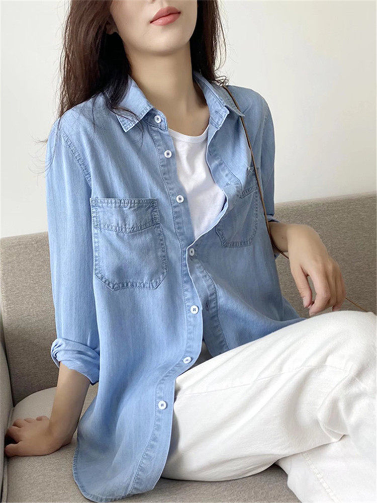 牛仔2022春秋韩版宽松叠穿轻奢衬衫 歌米莲衬衫