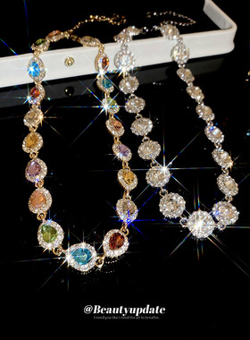中古vintage水滴镶钻彩色项链复古高级感锁骨链轻奢宫廷风颈链女