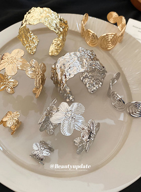 欧美金属感褶皱纹路螺旋花朵开口手镯时尚百搭手环小众设计感手饰