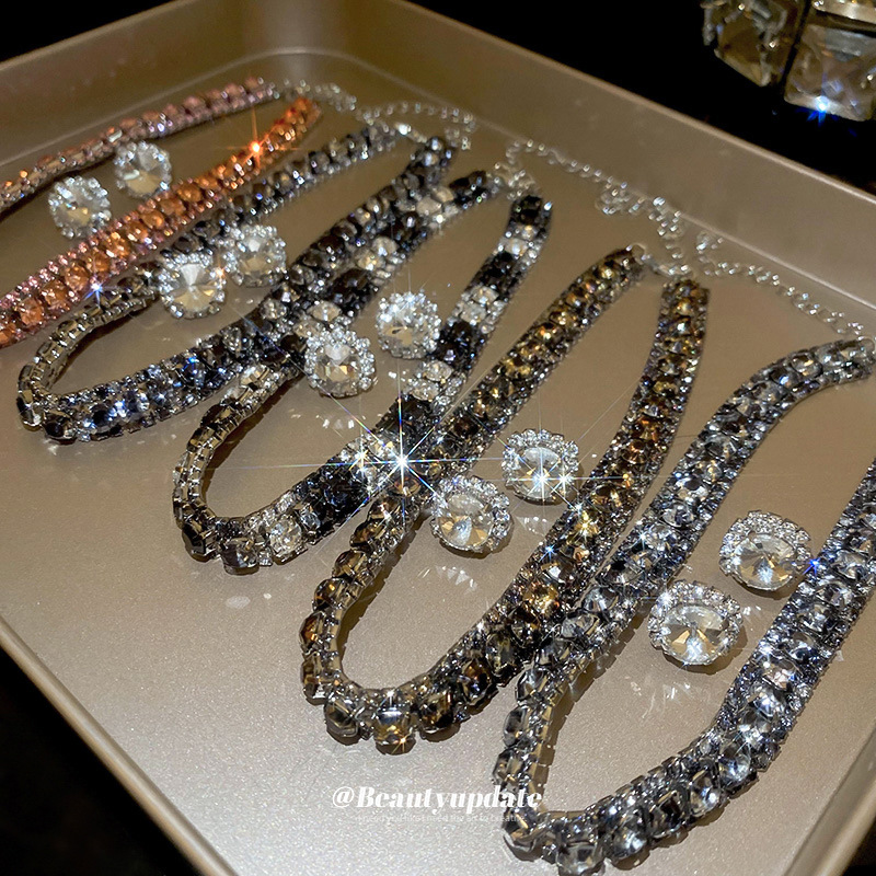 跨境方圆锆石耳钉项链套装法式轻奢百搭锁骨链2024新款高级感饰品 - 图1