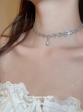 超闪镶钻锆石花边几何圆形吊坠项链欧美百搭锁骨链轻奢高级感颈链