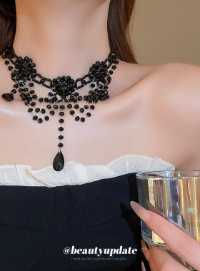 暗黑风多层人造水晶花朵串珠流苏项链复古锁骨链ins风时尚饰品