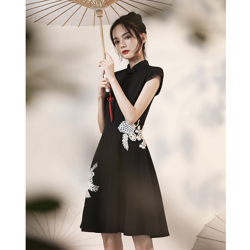 黑色旗袍年轻款少女小个子秋连衣裙 韩映萱旗袍
