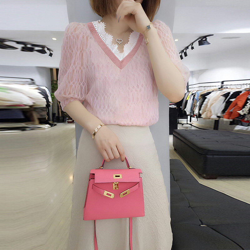 洋气粉色短袖v领休闲蕾丝2020衬衫 娇奴姬衬衫