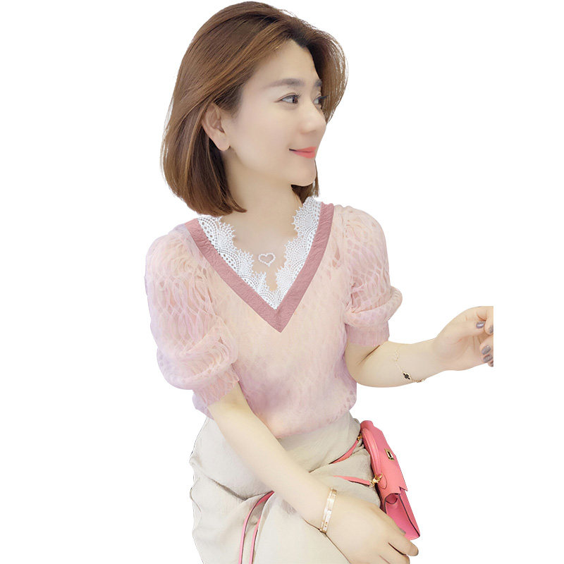 洋气粉色短袖v领休闲蕾丝2020衬衫 娇奴姬衬衫