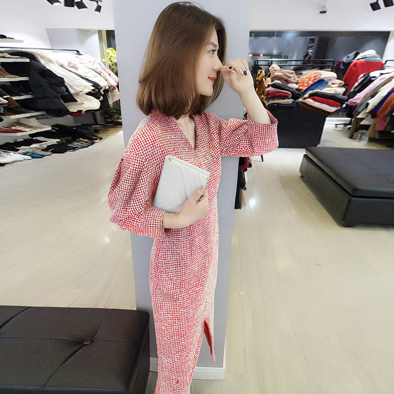 时尚v领气质名媛长款红色秋连衣裙 娇奴姬连衣裙