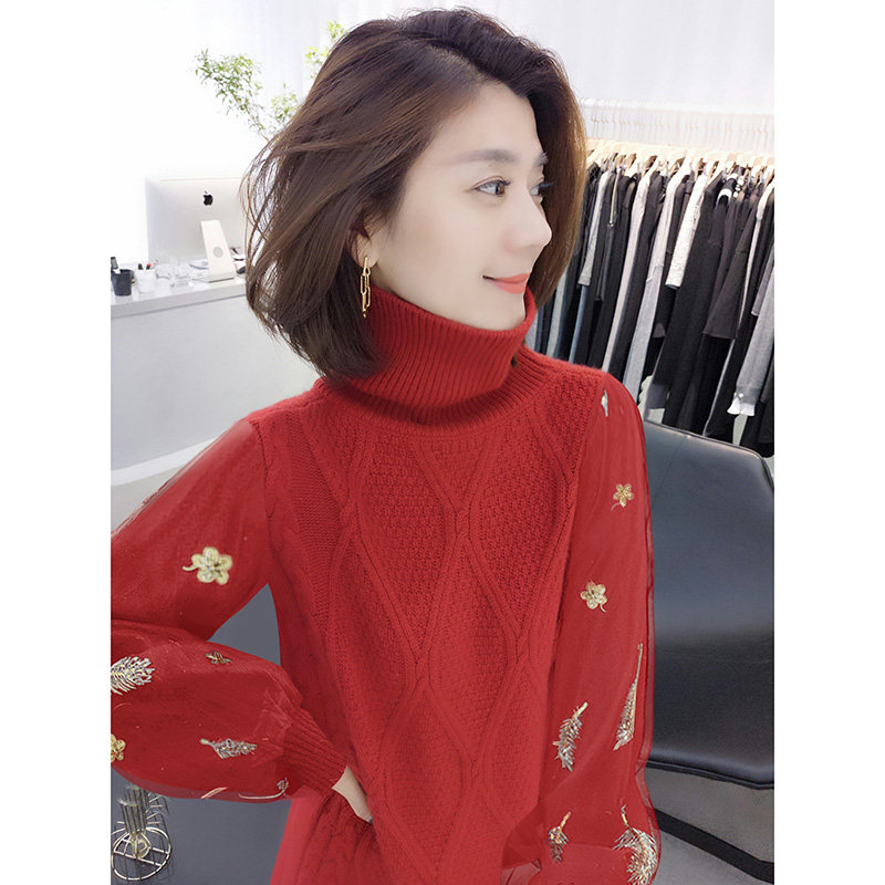 红色高领气质针织裙子欧货2022毛衣 娇奴姬连衣裙