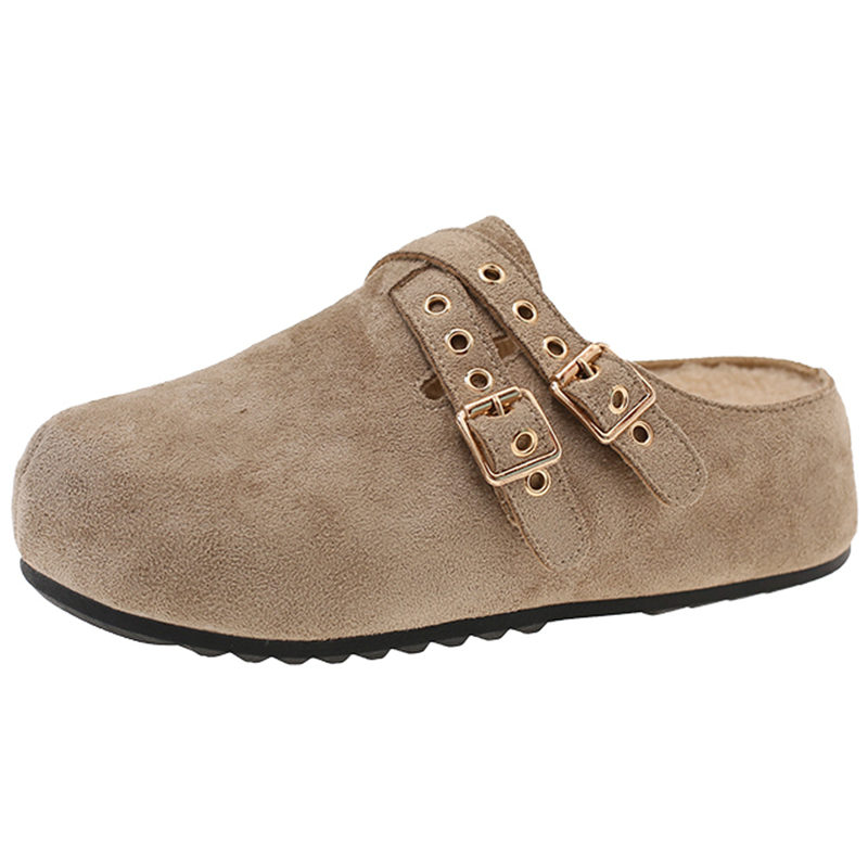 厚底加绒勃肯半拖鞋女2025新款秋冬增高一脚蹬保暖加厚包头棉拖鞋 - 图3