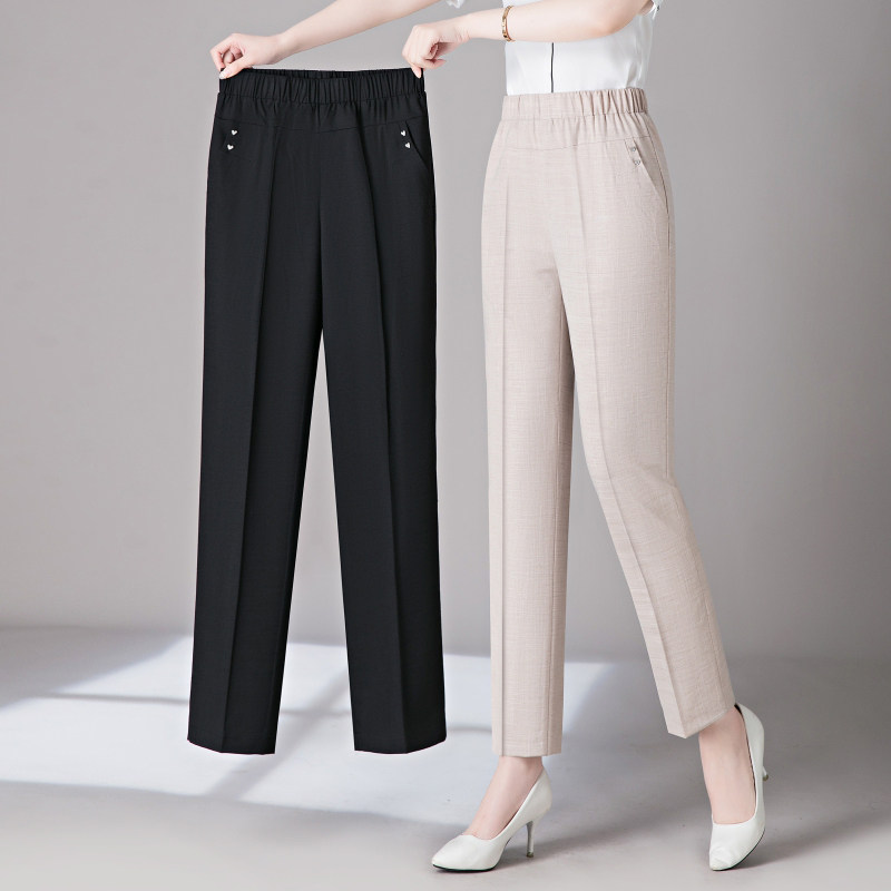 冰丝棉麻裤子女夏季九分裤妈妈裤子 满庭春休闲裤