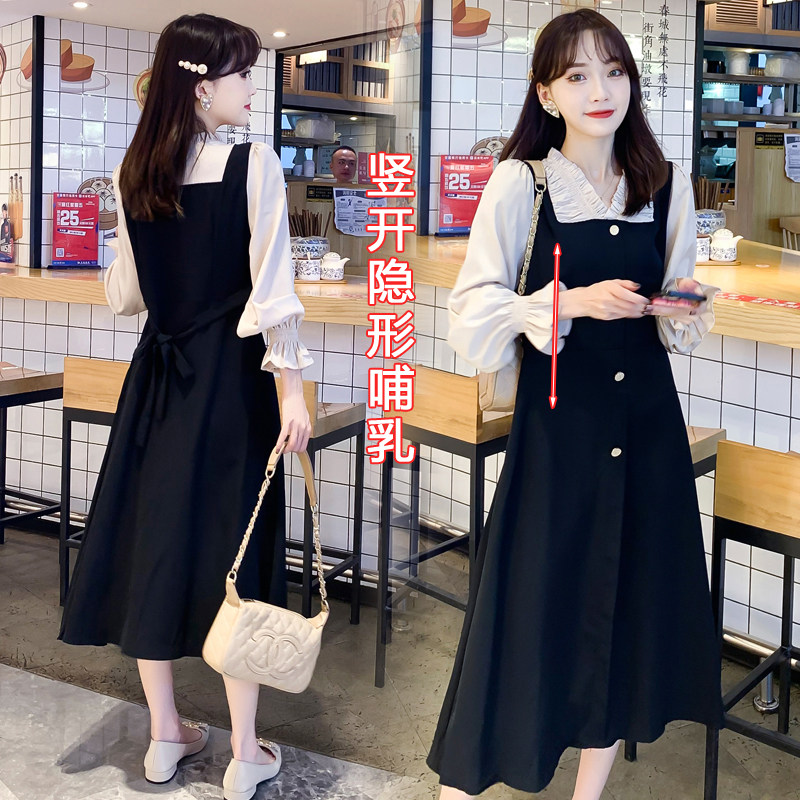 哺乳衣服春季时尚外出假两件连衣裙 宫适哺乳衣/月子服