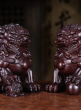 实木雕刻祥瑞狮子中式风装饰品