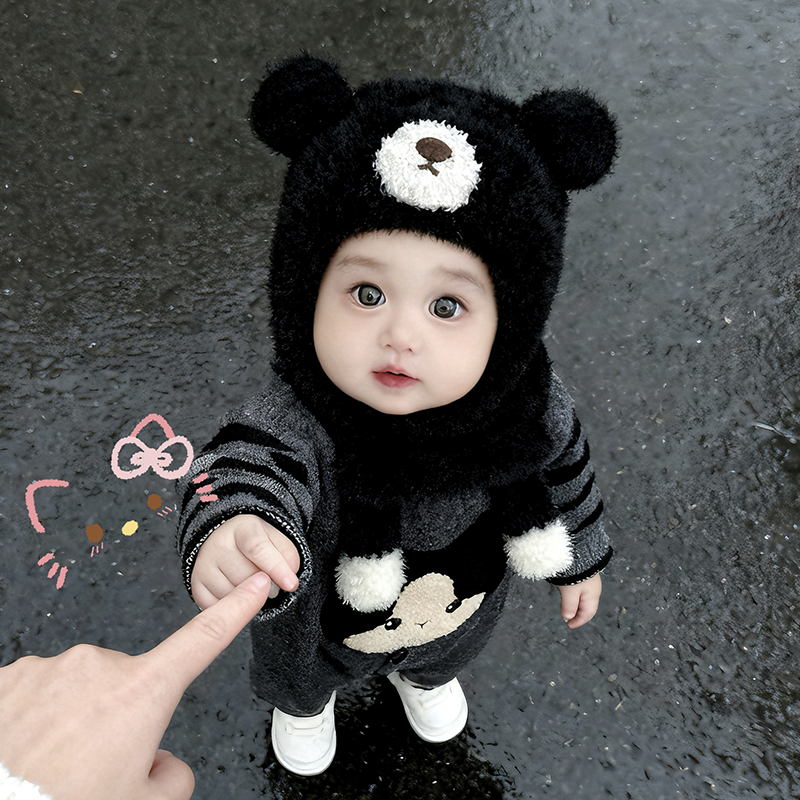 一捏会叫宝宝帽子围脖口罩一体护耳帽秋冬保暖男女儿童套头小熊帽 - 图2