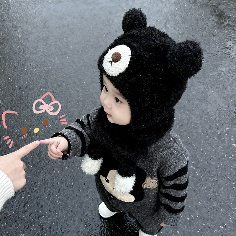 一捏会叫宝宝帽子围脖口罩一体护耳帽秋冬保暖男女儿童套头小熊帽 - 图1