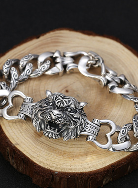小众银饰s925纯银时尚个性霸气老虎头手链男士款做旧泰银潮人手饰