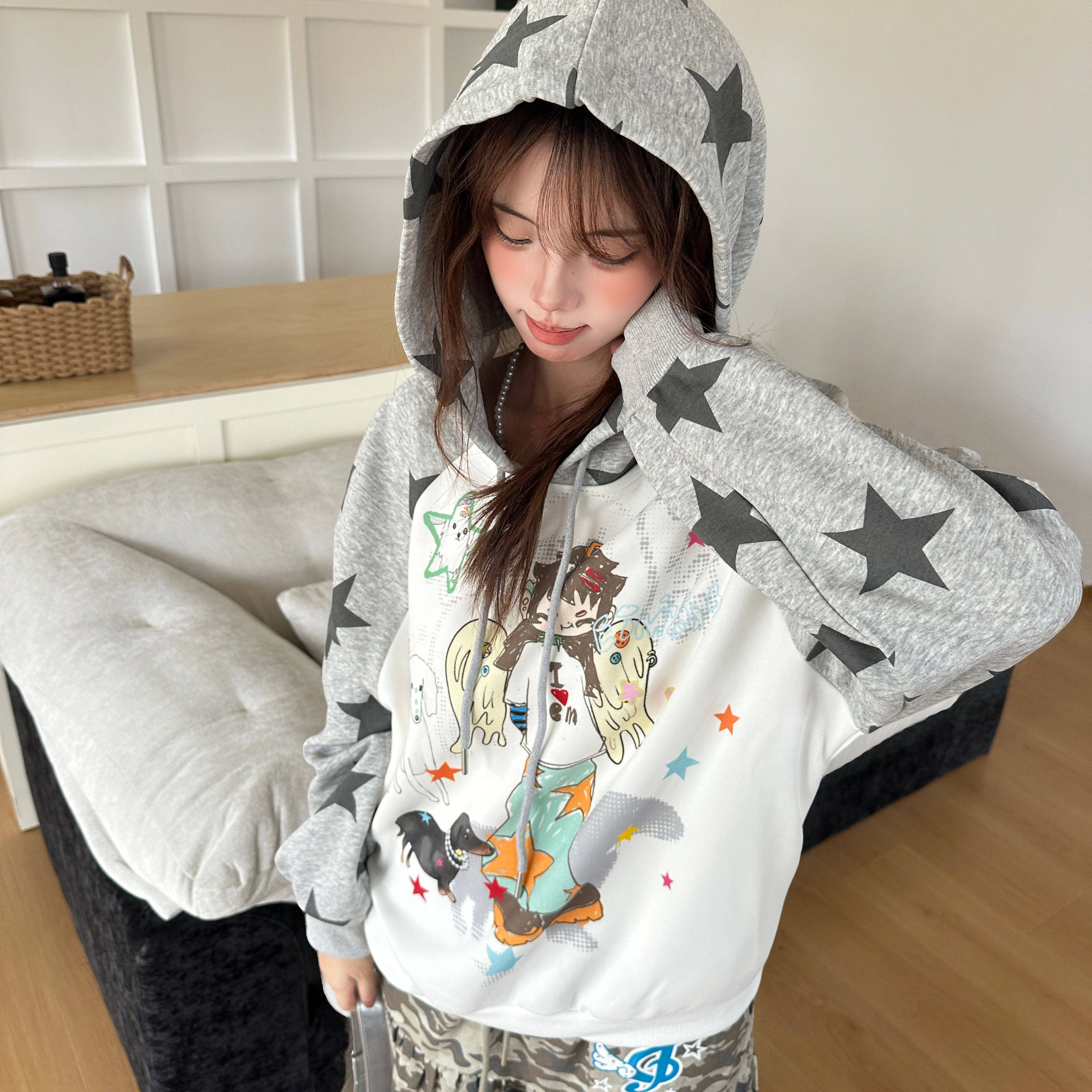 Amoeba原创Y2K轻亚撞色星星卡通少女印花连帽卫衣女秋季宽松上衣,淘宝优惠券,粉丝福利购,淘宝优惠卷