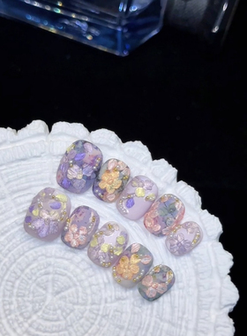 【繁花如梦】轻奢紫色梦幻莫兰迪浮雕手绘温柔显白短款穿戴甲美甲