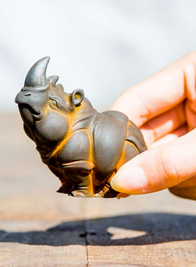 创意仿铸铁铁锈迷你犀牛小动物桌面小摆件书房客厅茶台纯
