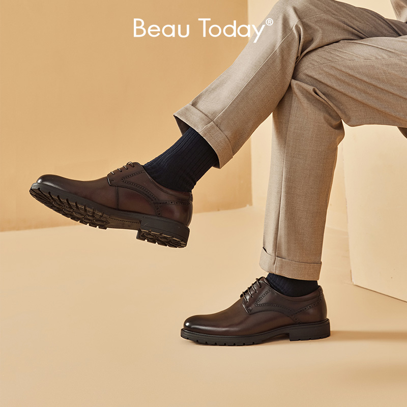 BeauToday商务正装休闲皮鞋男士软底真皮圆头德比鞋男款高级感 - 图0