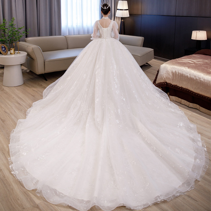 婚纱新娘2025新款 高级质感高定款冬季长袖法式重工奢华拖尾主纱,淘宝优惠券,粉丝福利购,淘宝优惠卷