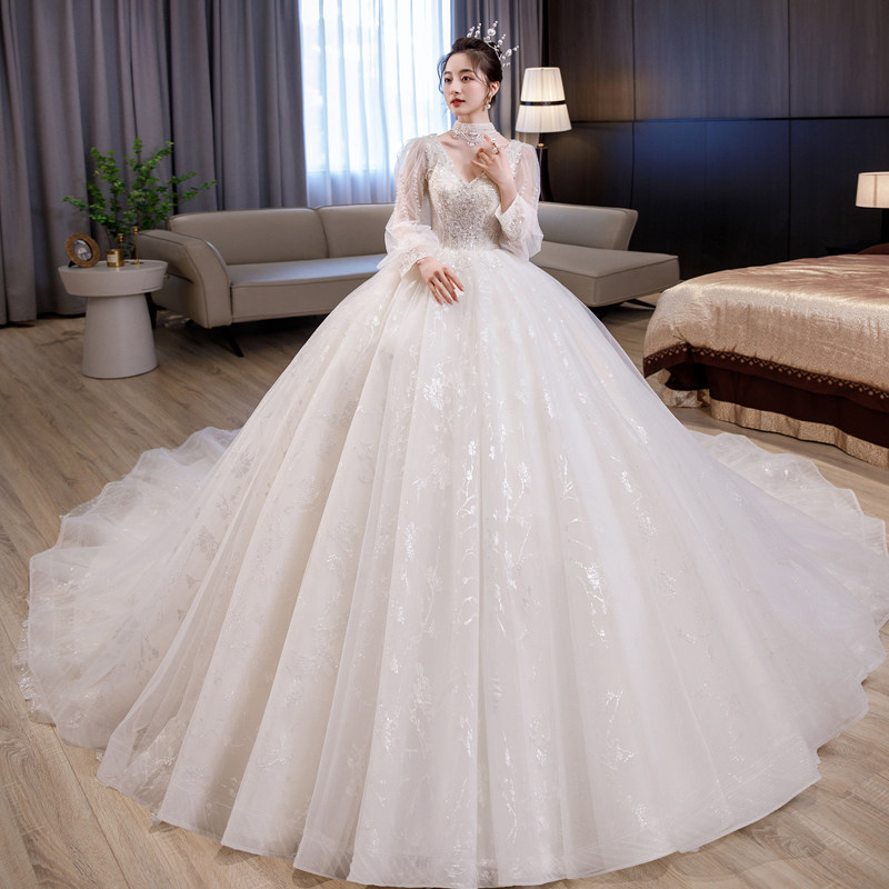 婚纱新娘2025新款 高级质感高定款冬季长袖法式重工奢华拖尾主纱,淘宝优惠券,粉丝福利购,淘宝优惠卷