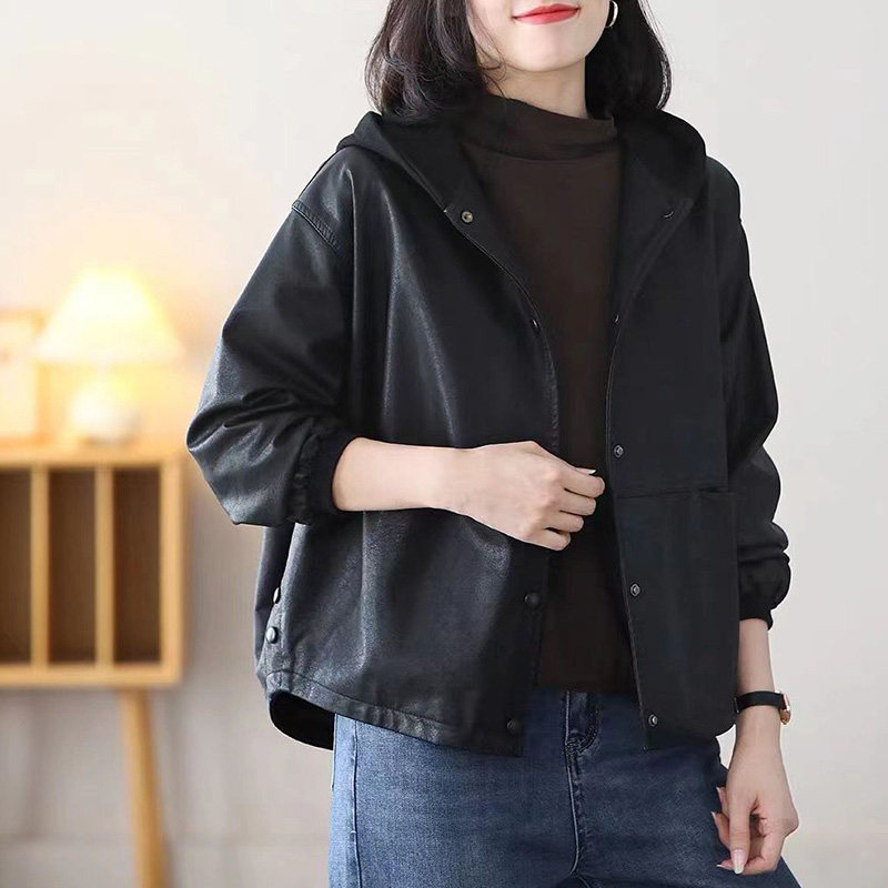 2024秋季新款连帽皮衣女宽松显瘦文艺百搭韩版纯色PU夹克外套女潮,淘宝优惠券,粉丝福利购,淘宝优惠卷