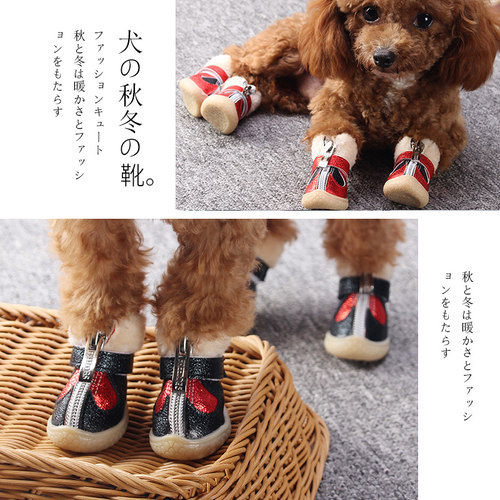 狗狗鞋子冬季泰迪宠物不掉一套4只棉鞋比熊中小型犬加绒脚套秋冬 - 图0