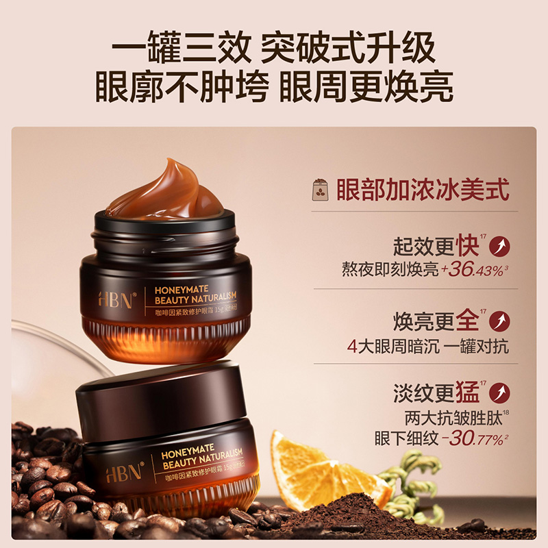 【双11抢先购】HBN咖啡因眼霜3.0淡细纹提亮眼周抗皱紧致提拉保湿