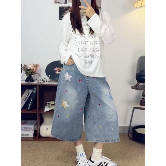 Summer star patch over printed denim pants cropped ສໍາລັບແມ່ຍິງ