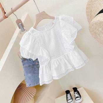 ເດັກຍິງ Puff Sleeve Shirt Set Summer Children's Short-Sleeved T-Shirt, Large Children's Denim Shorts Two-piece Set Parent-Child Outfit 6