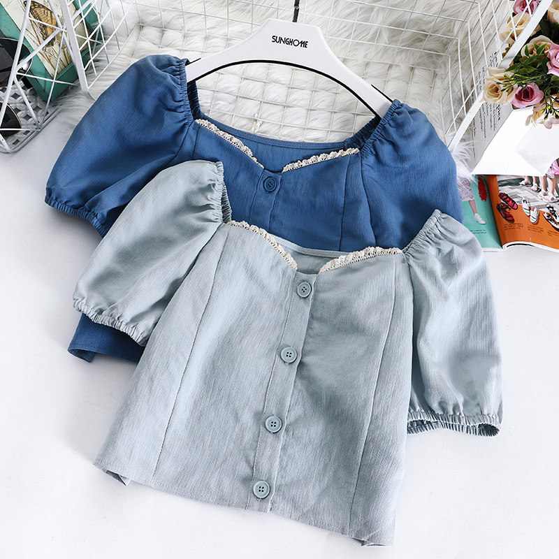 复古法式泡泡袖夏季2020新款雪纺衫 秀依媚族蕾丝衫/雪纺衫