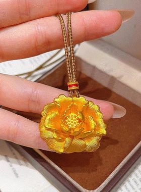 新中式牡丹花吊坠女黄金色牡丹花项链时尚毛衣链送女友母亲礼物