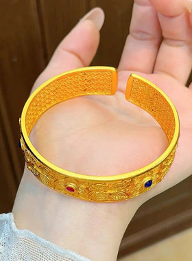 转好运新款开口手镯女黄金色轻奢时尚仿金不掉色镯子送女友母亲礼