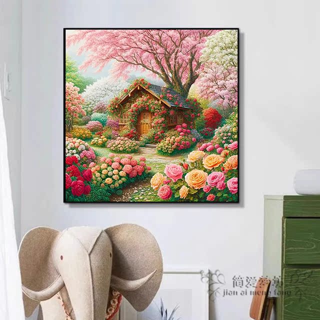 ພິມ cross stitch 2026 ໃຫມ່ຫ້ອງດໍາລົງຊີວິດ thread embroidery healing garden hut self-embroidery small pieces embroidery diamond stickers