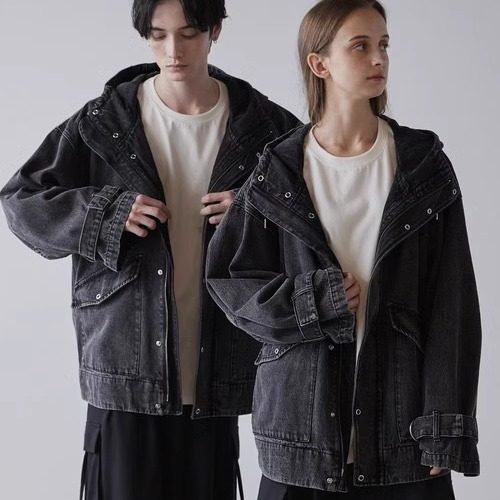 日单男女同款潮牌纯棉春秋深灰色廓形水洗连帽牛仔外套下摆设抽绳,淘宝优惠券,粉丝福利购,淘宝优惠卷