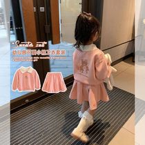 Girl Suit 2023 Spring Dress New Children Small Bear Clothing Foreign Pistes Women Baby Trendy 100 Pleats Short Dress Two Sets