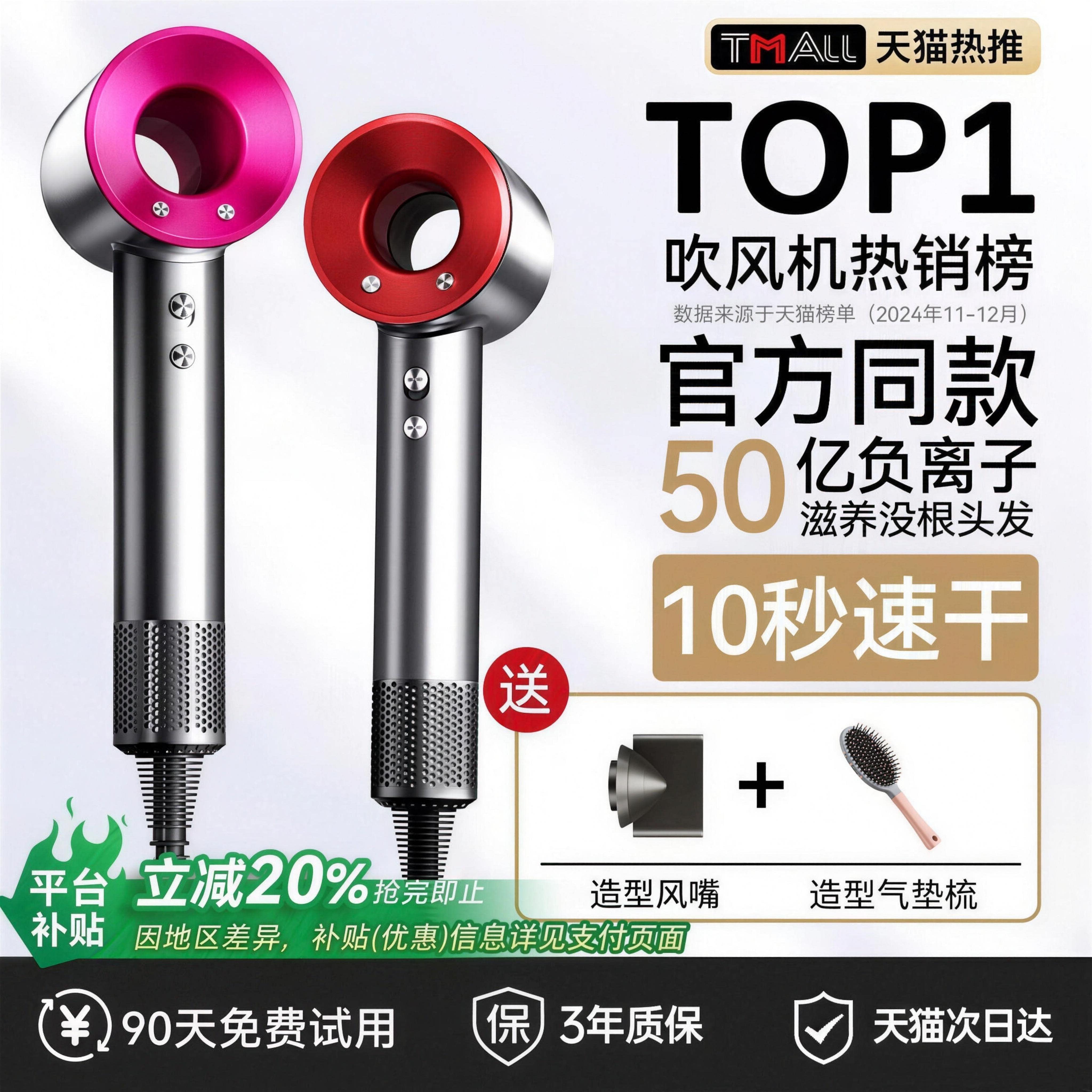 电动吹风机负离子护发静音速干家用高速大风力强力宿舍吹头发风筒