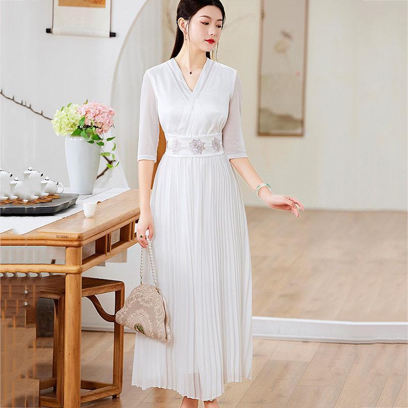 汉元素连衣裙国风中式改良百褶裙 娇品兰连衣裙
