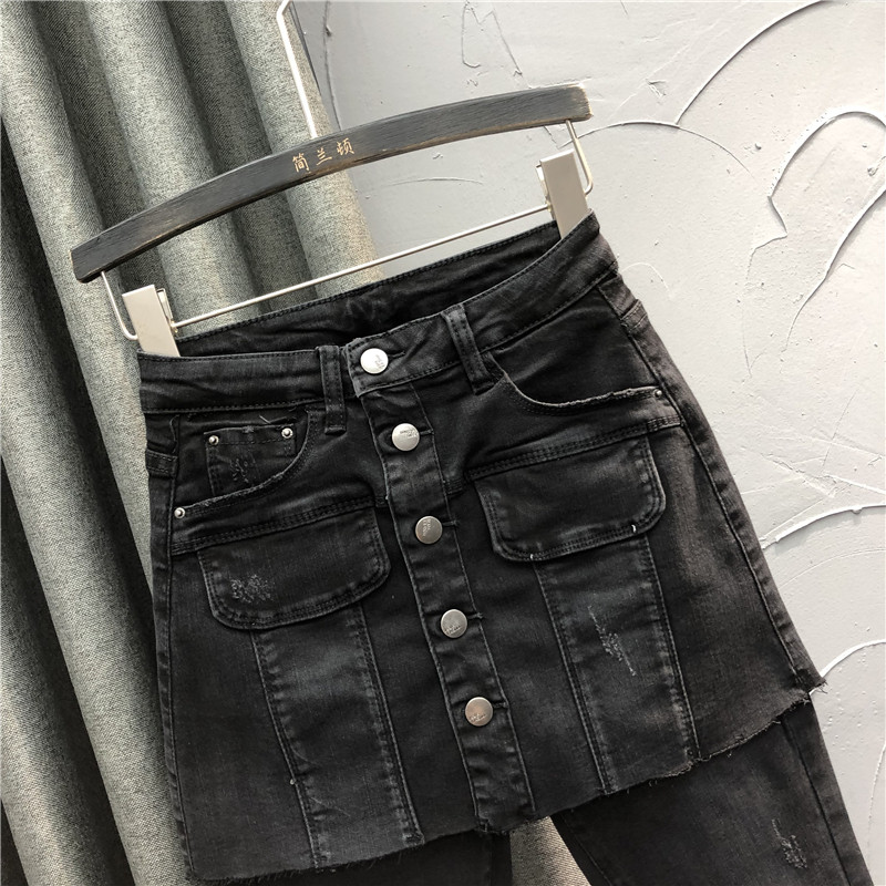 韩版高腰假两件牛仔裤裙20女长裤 简兰顿牛仔裤