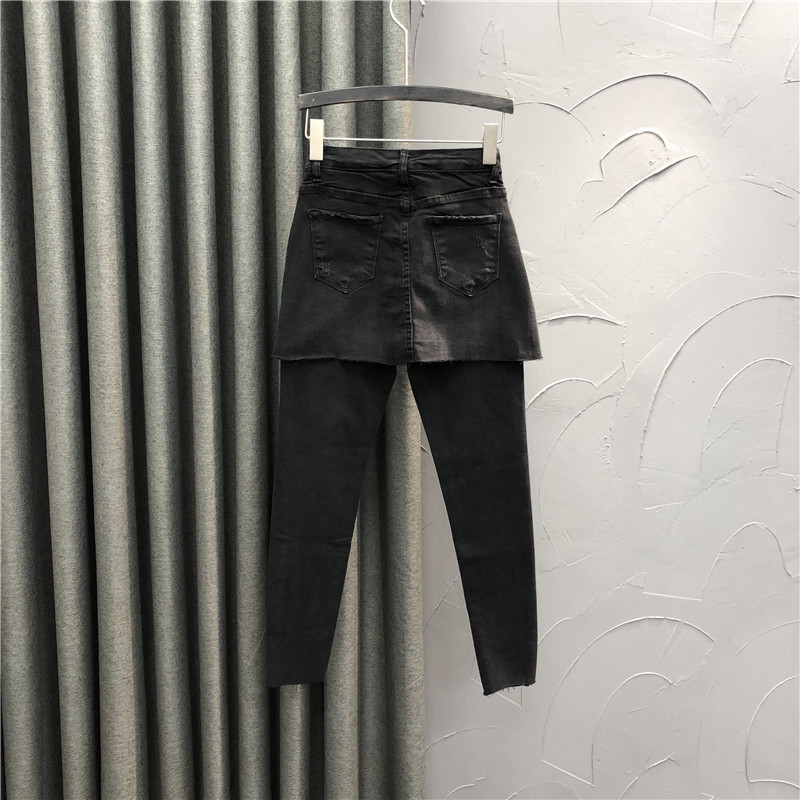 韩版高腰假两件牛仔裤裙20女长裤 简兰顿牛仔裤